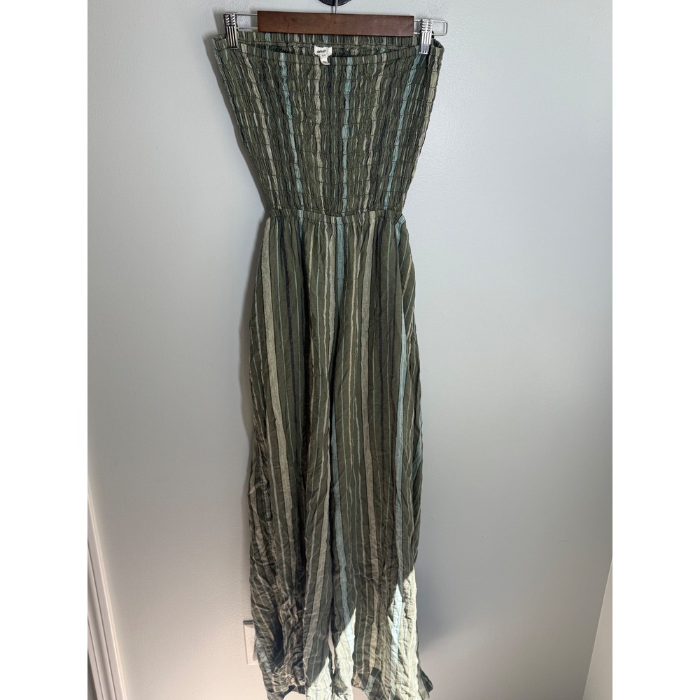 Aerie Women M Olive Green Striped Smocked Strapless Wide Leg Jumpsuit Open Back